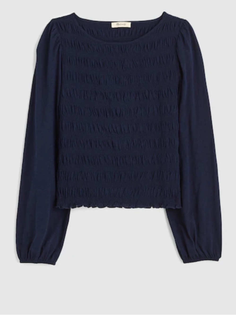 Madewell NWOT Smocked Boatneck Navy Long Sleeved Lightweight Top, 100% Cotton